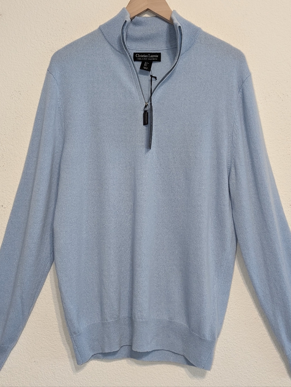 Christian Lacroix Men's 100% 2 Ply Cashmere Light Blue 1/4 Zip Sweater Large NWT